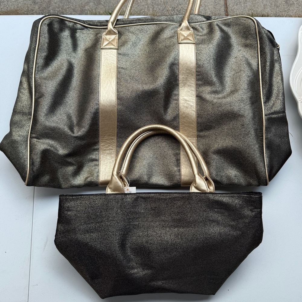 Metallic Black & Gold 2-Piece Travel Bag Set – Weekender w/ Small Tote